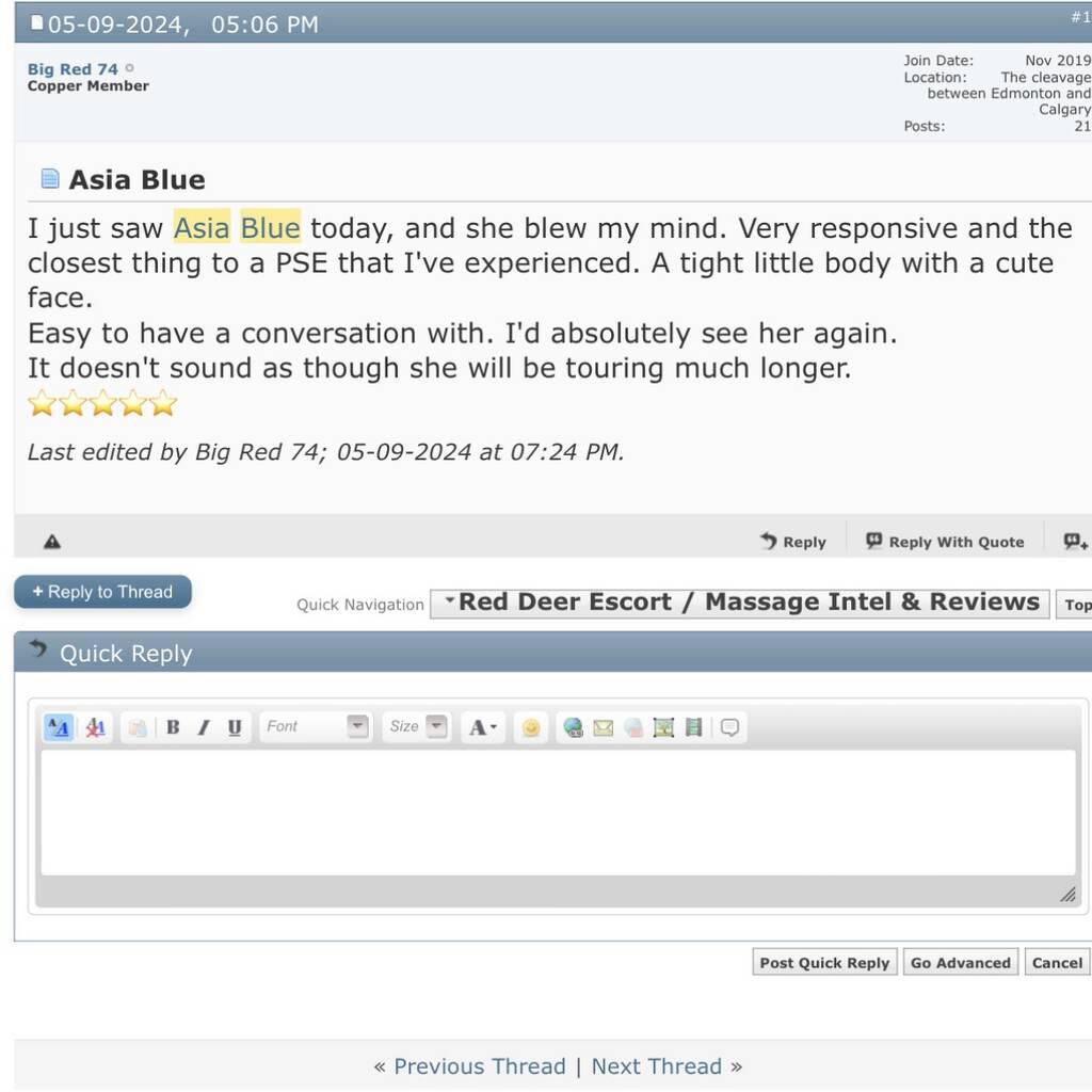 
                        Asia Blue
                     is Female Escorts. | Peace River Country | British Columbia | Canada | canadapleasure.com 