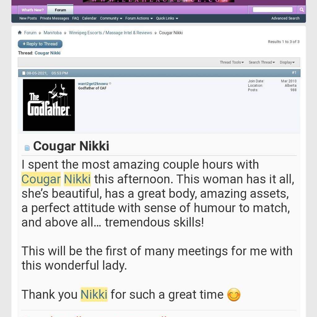 
                        sexy cougarnikki
                     is Female Escorts. | Winnipeg | Manitoba | Canada | canadapleasure.com 